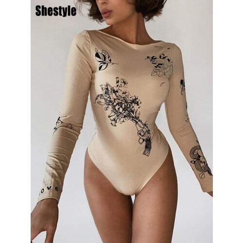 Shestyle Apricot Printed Flower Body for Women Autumn Long Sleeve Bodycon Sexy Round Neck Elegant Thong Button Bodysuits Lady