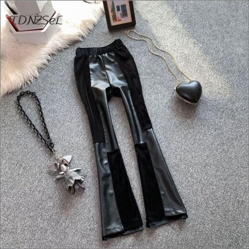 Large Size Velvet Stitching PU Leather Flare Pants Women Vintage High Waist Stretch Trousers Spring Lady Slim Bell-bottom Pants