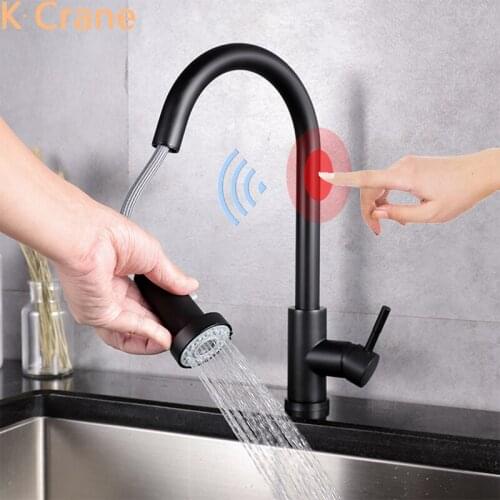 Black Touch Sensor Faucet Kitchen Sink Hot Cold Water Mixer Tap Smart Automatic Crane Stainless Steel Pull Out Grifo Deck Mount