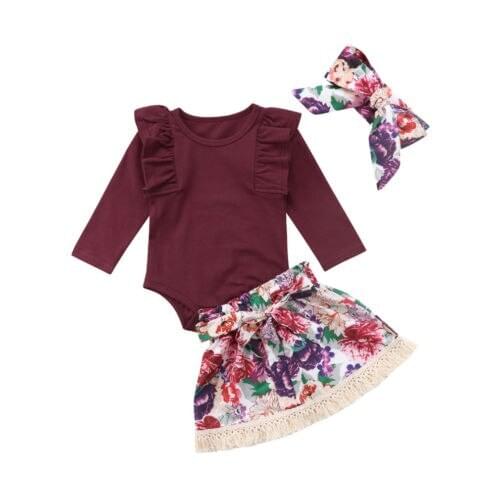Toddler Baby Girls Ruffles Long Sleeve Tops Romper+ Floral Skirts Headband Outfit Clothes