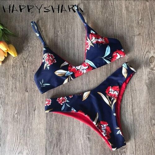 HAPPYSHARK Summer Brazilian Bikinis 2019 New Floral Printed Biquinis Sexy Thong Trikini Navy Blue Swimsuit Maillot De Bain Red