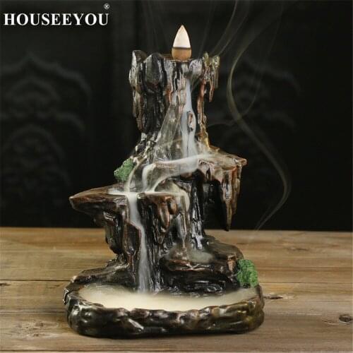 HOUSEEYOU Home Decor Resin Backflow Incense Burner +20 Cones Mountain Waterfall Landscape Hand Crafts Censer Base Holder Stand