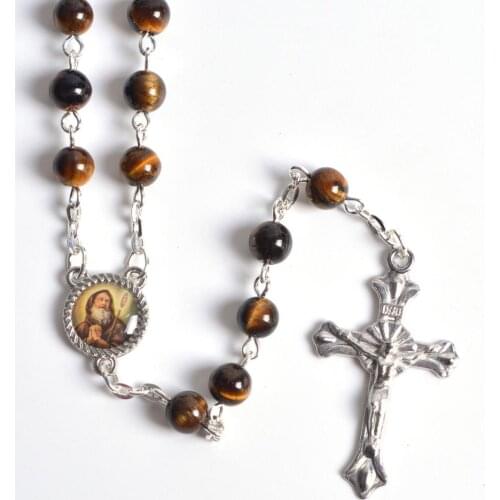 Fashion Stone Bead Tiger Eye Religious Pray Chaplet Rosary Necklace