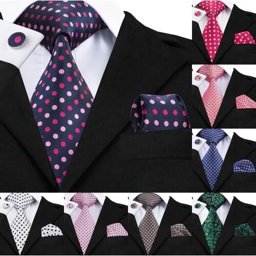 Hi-Tie Fashion Polka Dot Tie 100% Silk Neckties for Men 8.5cm wide tie with Handkerchiefs and Cufflinks Business Wedding Tie Set