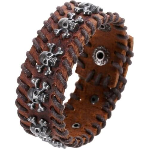 Fashion Gothic Punk Skull Rivets Bracelet Cuff for Men Women Skeleton Charm Leather Wristband Bangle Vintage Hippie Rock Jewelry