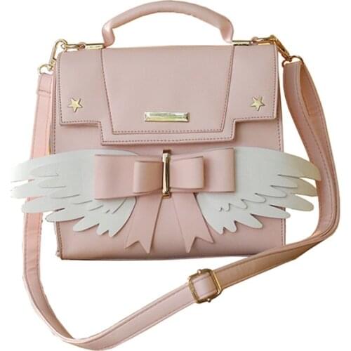 Cartoon Card Captor Sakura Anime PU Leather Women Bowknot Personality Handbag Creative Angel Wings Style Messenger Shoulder Bag