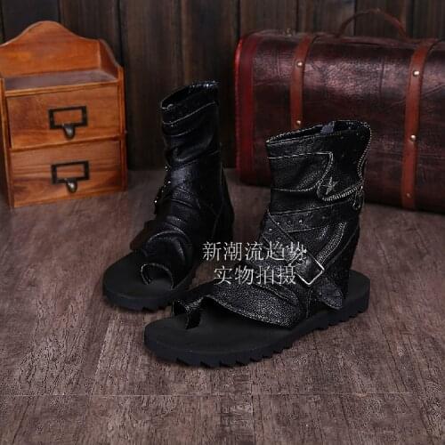 White Black Summer Men Gladiators Genuine leather Lace Ankle Short Sandals Leisure Flip flops