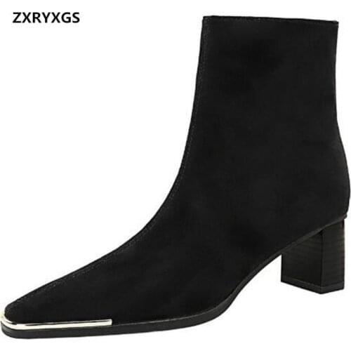2021 New Classic Black Autumn Winter Boots Fashion Metal Square Toe High Heel Shoes Suede Sexy Was Slim Short Boot Womens Boots