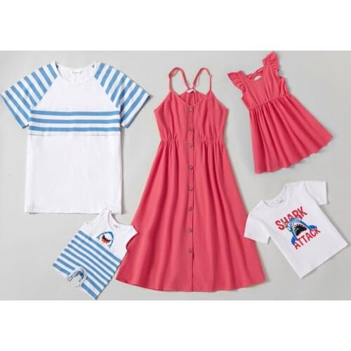 PatPat 2021 New Mosaic Family Matching Outfits Solid Tank Dresses - Stripe Shark Tops & Rompers For Parents Children