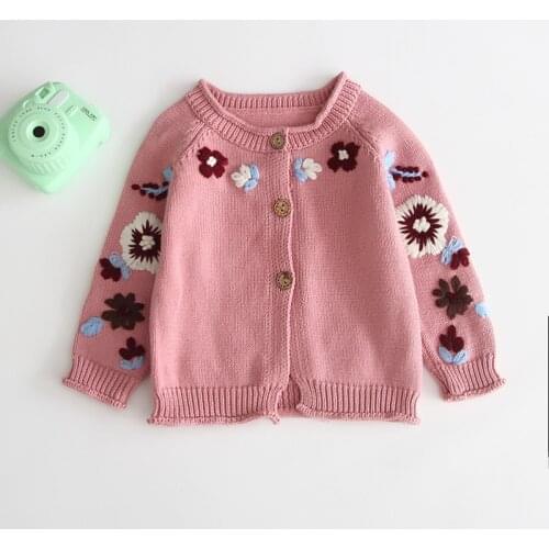 Autumn winter Embroidered flowers knitting cardigan sweater baby girls virgins sweater coat buttons kids baby girl cloths