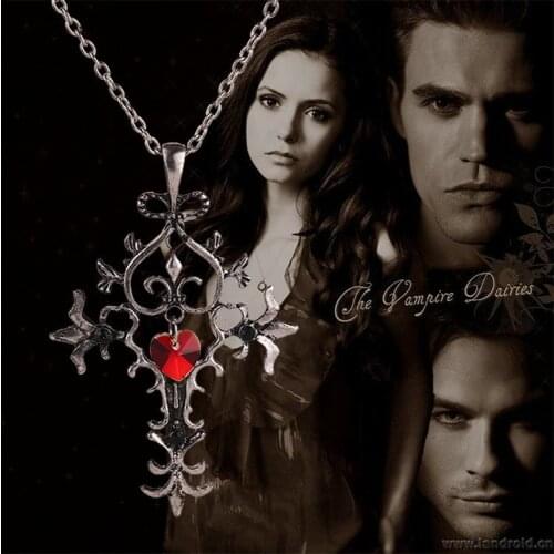 The Vampire Diaries Necklace Cross Red Heart Crystal Pendant Vintage Baroque Gothic Punk Hot Movie Jewelry Men Women Wholesale