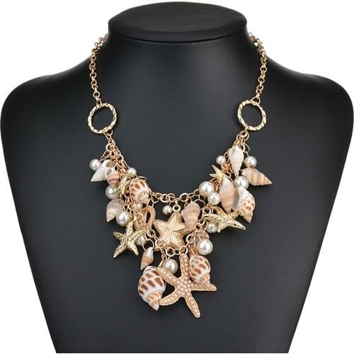 Itenice Beach Necklace Starfish Conch Pearl Shell Multielement Ladies Pendant Necklace Holiday Accessories Gift