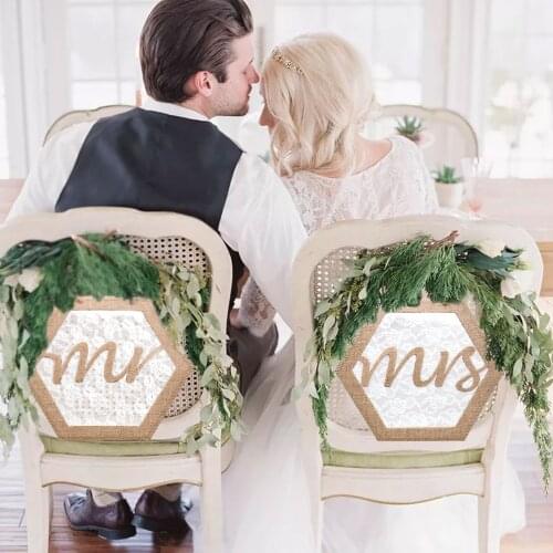 Mr&Mrs Wedding Chair Decor Round Burlap Lace Chair Cover for Wedding Chair Banner Party Supplies Banquet Venue Decoration