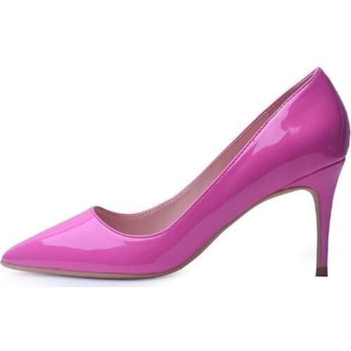 Women Pumps Rose Red Patent Leather Slip On 8CM Thin High Heels Pointed Toe Sexy Dress Party Wedding Shallow shoes for women