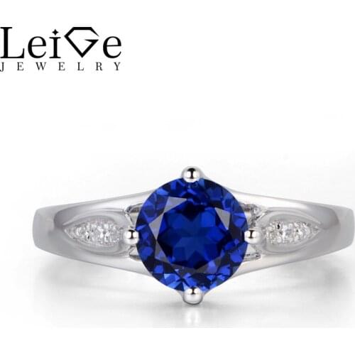 Leige Jewelry Round Cut Blue Sapphire Engagement Ring for Women Sterling Silver 925 Fine Jewelry Wedding Rings Blue Gemstone