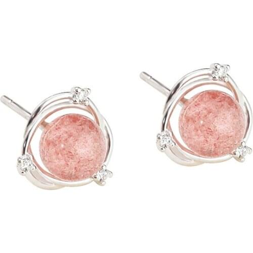 Binmonray 925 Sterling Silver Pink Crystal Zircon Planet Round Stud Earrings Women Girl Summer Trend Design Esthetics Jewellery