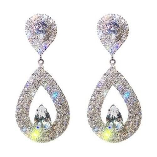 Water Drop Earrings Female Crystal Gold Rhinestone Hollow Pendant Earrings For Women Fashion Style Exaggerated Simple Girl Party