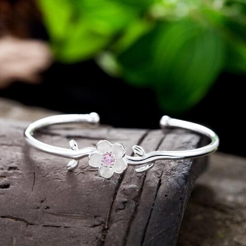 925 Sterling Silver Cherry Blossoms Bangle Bracelet With Pink Purple Zircon For Women Exquisite Party Jewelry S-B291