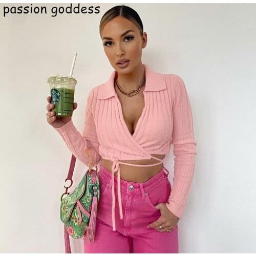 Fashion 2021 Women New Autumn Pink Knitted Lace Up Cardigan Turn Down Collar Long Sleeve Crop Top Female Short Harajuku Sweaters