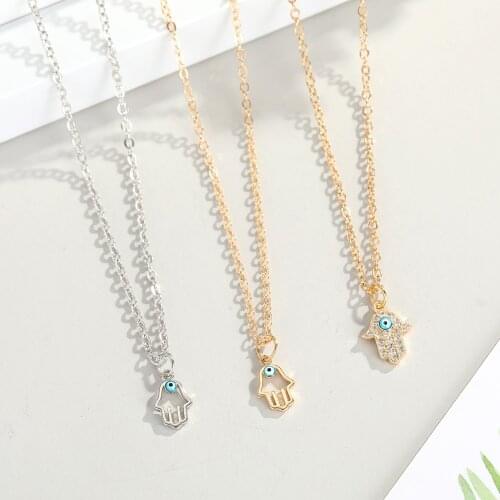Dayoff 1PC Cut Fatima Hand Crystal Necklace For Womens Jewelry Metal Rhinestone Evil Eye Necklaces Clavicle Chain N698-10