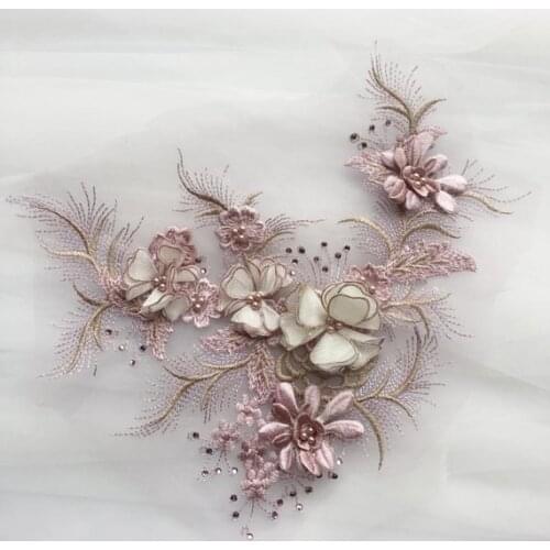 1 piece nude pink 3d flowers motif lace applique, heavy bead lace applique, 3D lace applique with rhinestones, 3d floral