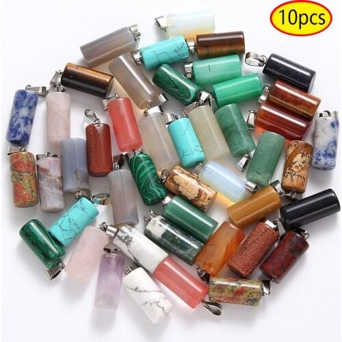 10PCS 10*20mm Natural Gem Stone Quartz Crystal Opal Unakite Aventurine Cylinder Shape Pendant for DIY Jewelry Making Necklace