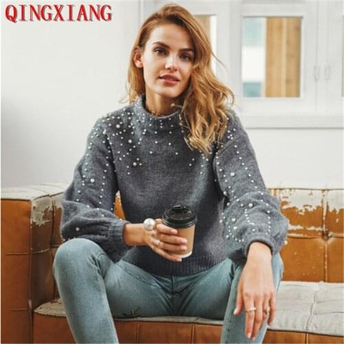 2021 Women O Neck Beading Pearls Solid Sweater S-2XL Wine Red Grey Pullover Knitted Long Sleeves Outstreet Knitwear