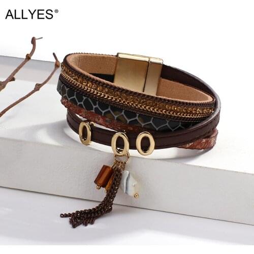 ALLYES Bohemian Tassel Charm Brown Leather Bracelets for Women Ladies Multilayer Wide Wrap Bracelet Vintage Femme Party Jewelry