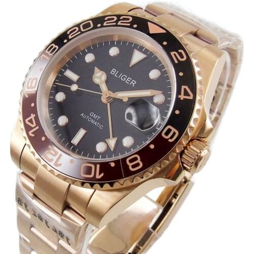 BLIGER Mechanical Men Watch Rose Gold Sapphire Glass GMT Hand Mental Strap Ceramic Bezel MINGZHU Movement