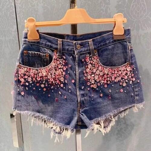 High Quality Diamond Tassel Hot Short Mini Jeans Button High Waist Slim Summer Sexy Casual Pants Luxury Designer Women Clothes