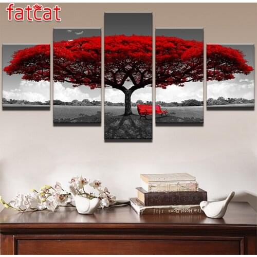 FATCAT Diy Diamond Painting 5 Pieces Red Tree Art Scenery Landscape full Square Round Drill Diamond Embroidery Sale Art AE819