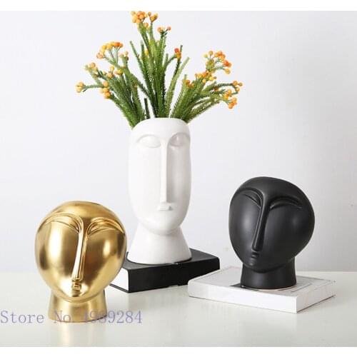 Art Face Ceramic Vase Abstract Human Head Vase Ceramic Handicraft Ornaments Flower Arrangement Gold Figure Flower Arrangement