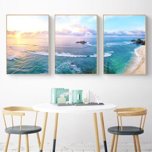 Blue Sea And Sky Nordic Landscape Canvas Painting Sunrise Waves Beach Art Poster Living Room Decor Seabirds Wall Art Coastline