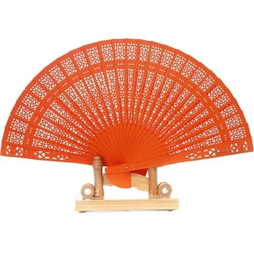 Chinese Colored Fan, Sandalwood Scented Wooden Openwork Personal Hand Held Folding Fans for Wedding Decoration, Birthdays