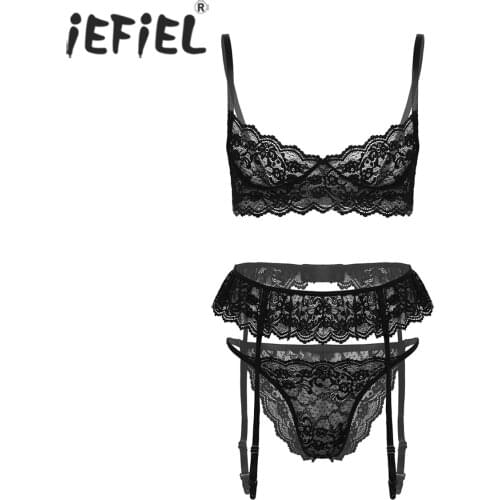 Men Floral Pattern See-through Lingerie Set Adjustable Spaghetti Strap Lace Trim Bra with Elastic Waistband G-string Suspenders