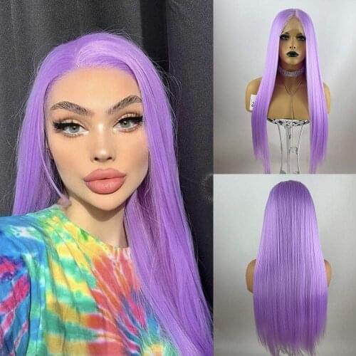 Lavender Purple Wig With Baby Hair Purple Lace Front Wig Gluless Heat Resistant Fiber Hair Long Straight Natural Hairline