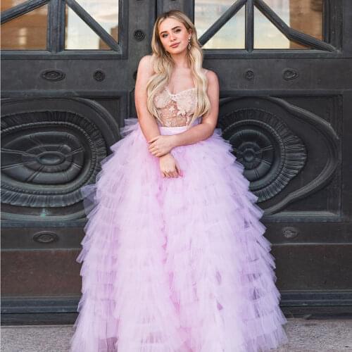 Summer Sexy Prom Dress Open back Ruffles Tulle Layered Applique Lace Floor Length Gown Women Skirts Custom Made