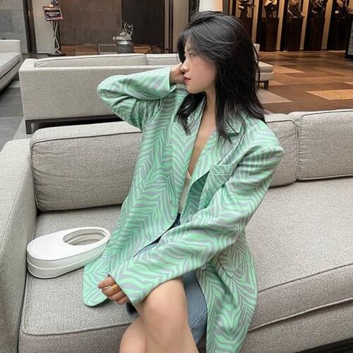 Fashion Women Zebra Print Green Blazer Spring Autumn Korean Notched Collar Single Breasted Loose Casual Long Sleeve Suit Jacket