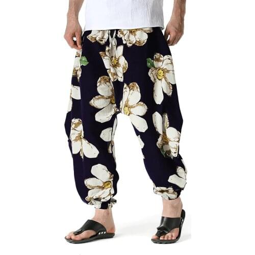 Mens Cotton Harem Yoga Baggy Boho Pants Flower Printed Aladdin Harem Pants Casual Comfortable Home Pants Men Hip Hop Jogger