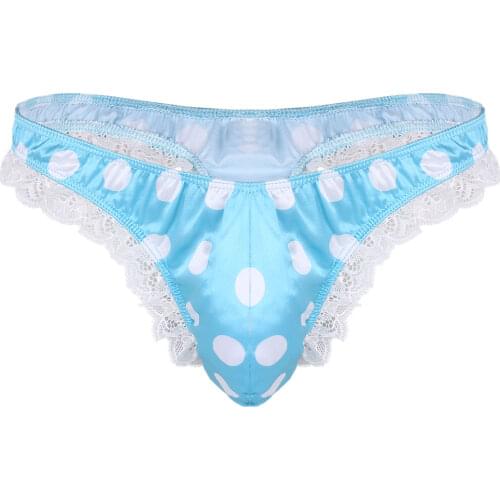 Mens Lingerie Sissy Gay Wetlook Underwear Ruffle Lace Polka Dot Bikini G-string Thong Panties Shiny Low Rise High Cut Underpants