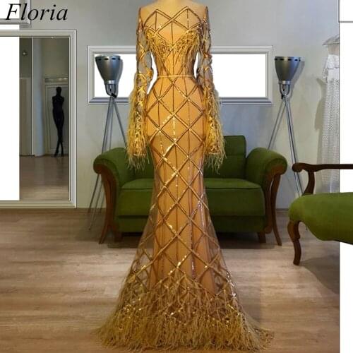 New Elegant Gold Long Formal Evening Dress 2019 Mermaid Feathers Arabic Couture Vestidos De Fiesta Sexy Prom Dress Party Abiye