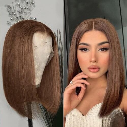 Brown Bob Wig Human Hair T Part Lace Frontal Wig Middle Part 13x5x1 Lace Front Bob Wigs 180% Density Pre-plucked With Baby Hair