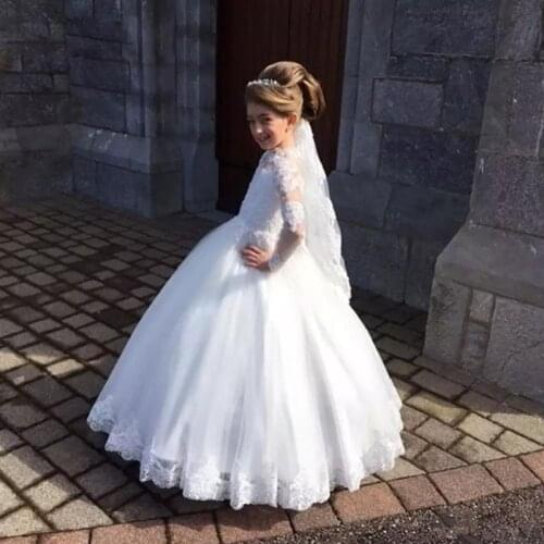 White Ivory Flower Girls Dress for Wedding Party High Neck Baptism Gowns Tulle Full Sleeve Appliques Kid Holy Communion Gown