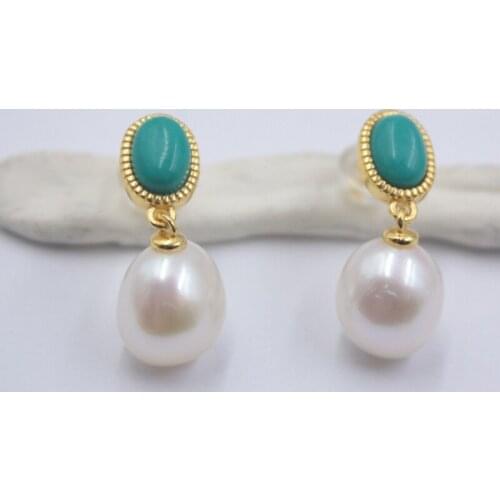 Real 925 Sterling Silver Dangle Earrings Turquoise and Freshwater Pearl Earrings for Lady ONLY ONE PAIR