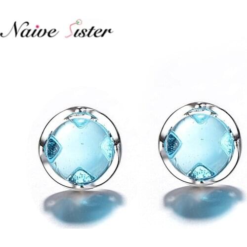 Cute Blue Crystal Stud Earrings for Girl Fashion Korean Bubble Ear Studs Small Round Earings Sweet Style Women Ladies Love