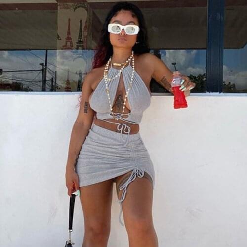 Sexy Halter Bandage Two Piece Skirt Set for Women Party Clubwear Crop Top+Drawstring Stacked Mini Skirts Suits Club Dress Sets