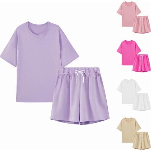 Tracksuit Womens 2 Pcs Set Yoga Outfits Cotton Oversized T-Shirts High Waist Shorts Candy Color Sportswear Sport Suit Female