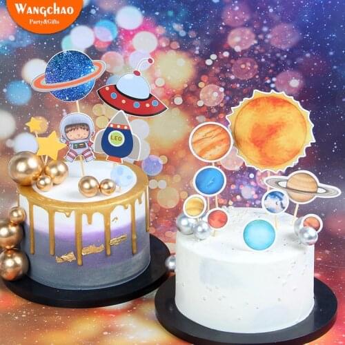 Boys Dream Planet Star Model Astronaut UFO Space Theme Cake Topper Happy Birthday Kids Favors Party Supplies Baking Accessories
