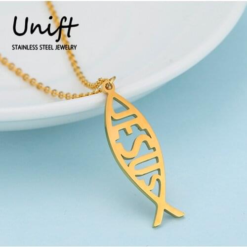 Unift Vintage Stainless Steel Gold Chain Pendant Necklace For Men Women Unique Jesus Word Fish Shape Religion Faith Jewelry Gift