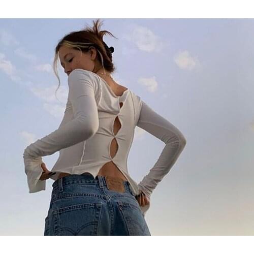 Vintage Streetwear O-neck Stitch Cropped Tops Autumn Fashion Tees Y2K EGIRL 90s Aesthetics Solid Hollow Out Long Sleeve T-s